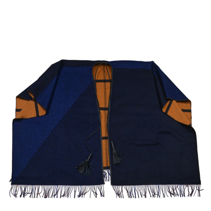 Hermes Wool Calfskin Reversible Highlands Poncho Navy Royal Fauve 1 of 7