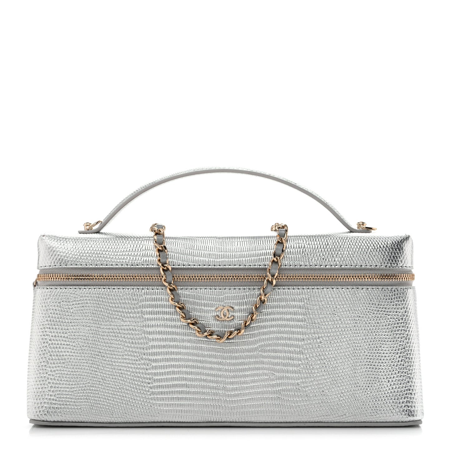 Lizard Embossed Top Handle Slim Vanity With Chain Silver
