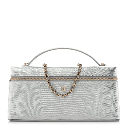 Chanel Lizard Embossed Top Handle Slim Vanity With Chain Silver 1 of 14
