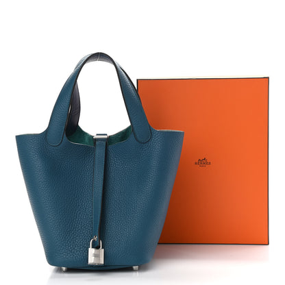 Hermes Taurillon Clemence Eclat Picotin Lock 18 PM Vert Bosphore Deep Blue 11 of 11