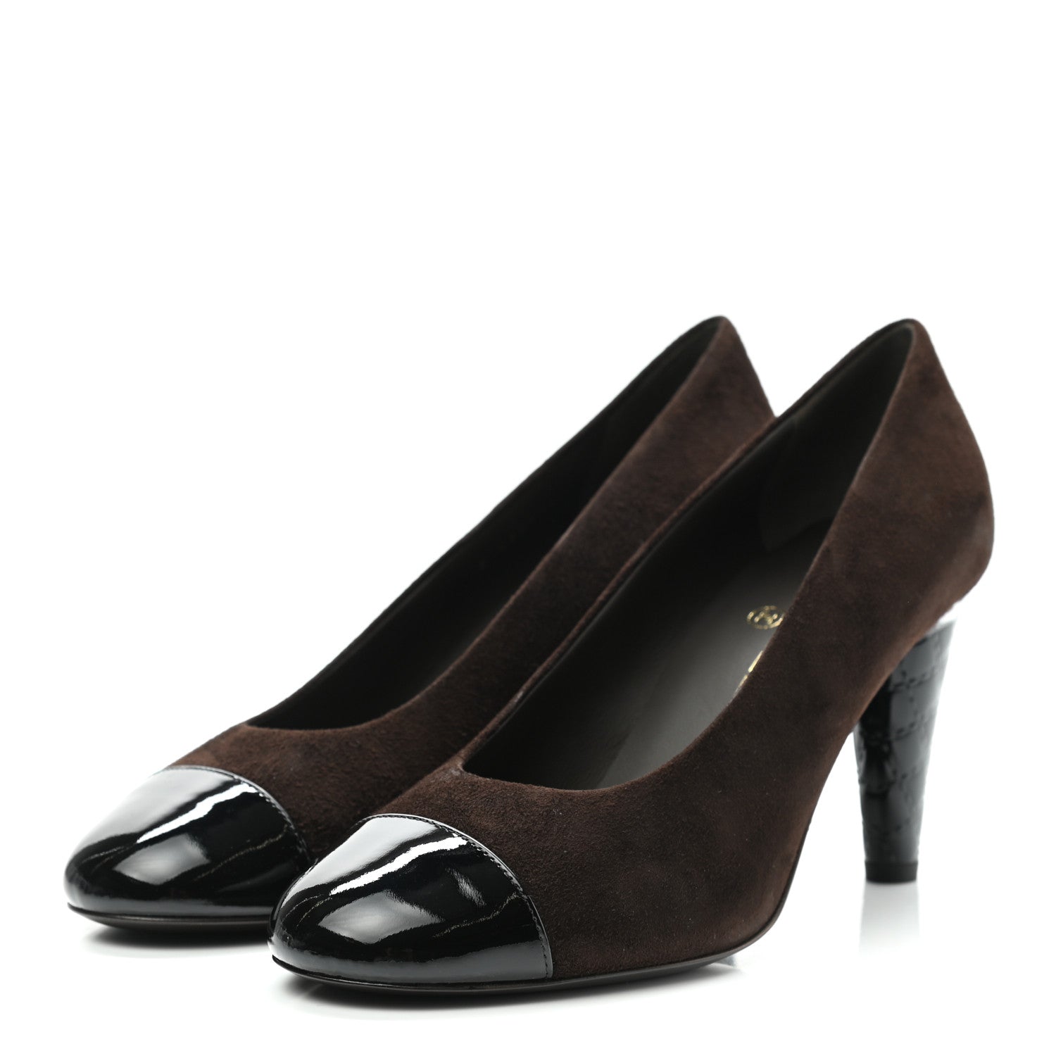 Chanel Kid Suede Patent Calfskin Cap Toe CC Pumps 39.5 Brown Black 3 of 10