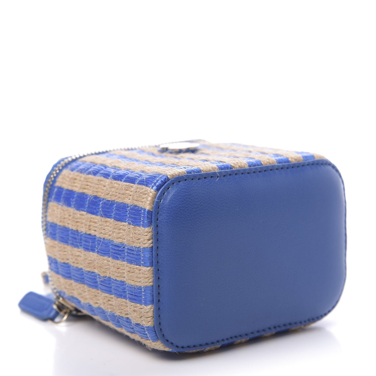 Raffia Jute Striped Mini Vanity Case With Chain Blue Beige
