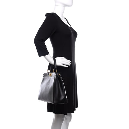 Fendi Vitello Morgan Fabric Jacquard Pequin Medium Peekaboo Iconic Satchel Black Tobacco 2 of 12