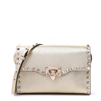 Valentino Garavani Metallic Pebbled Calfskin Medium Rockstud Flip Lock Crossbody Bag Platino 1 of 8