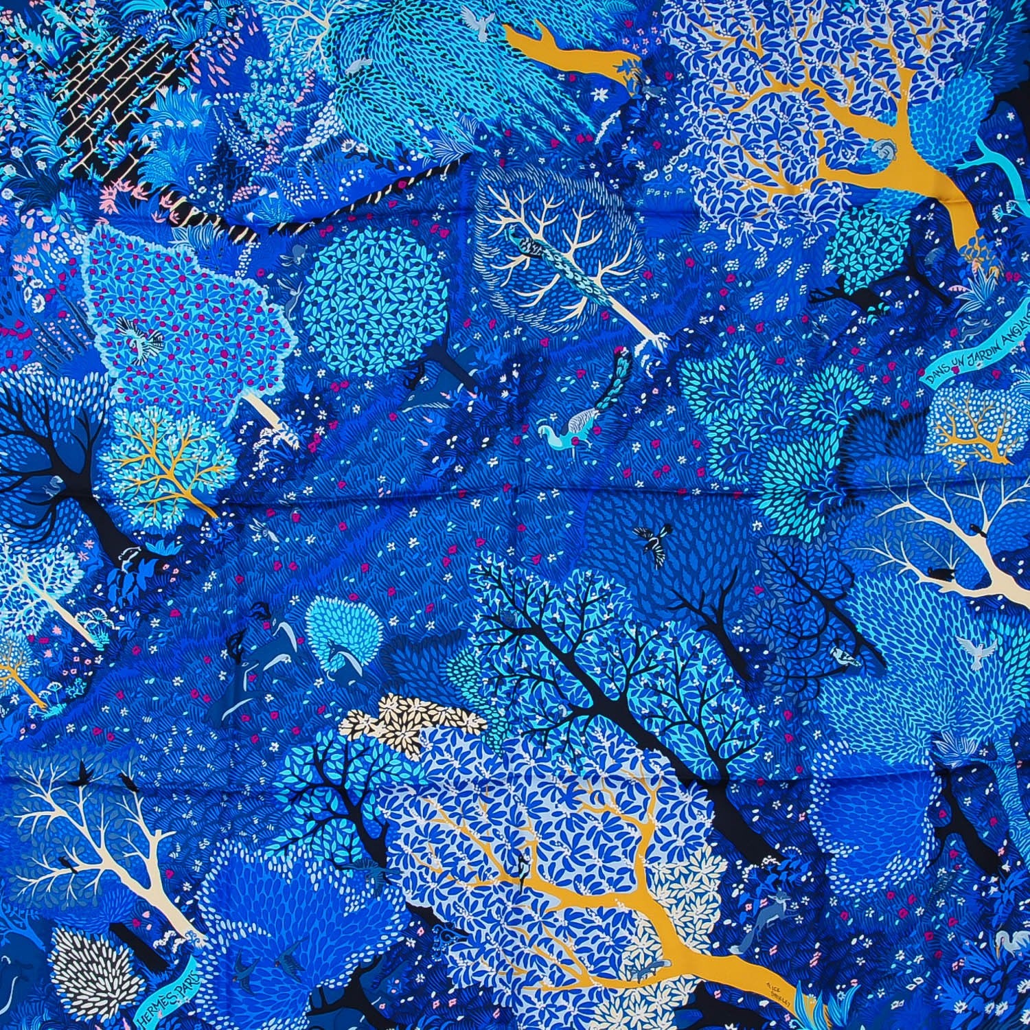 Hermes Silk Dans Un Jardin Anglais Scarf 90 Petrole Turquoise Cobalt 1 of 8