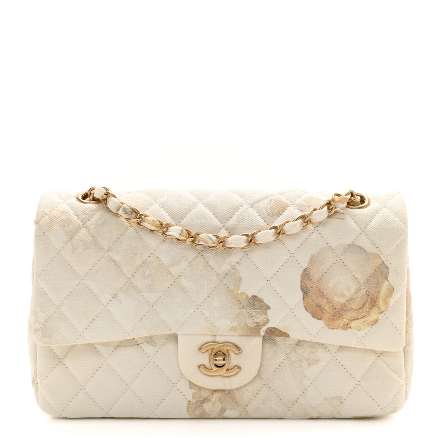 Denim Floral Printed Medium Double Flap Beige