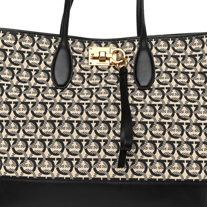Salvatore Ferragamo Canvas Calfskin Large The Studio Tote Beige Black 8 of 10