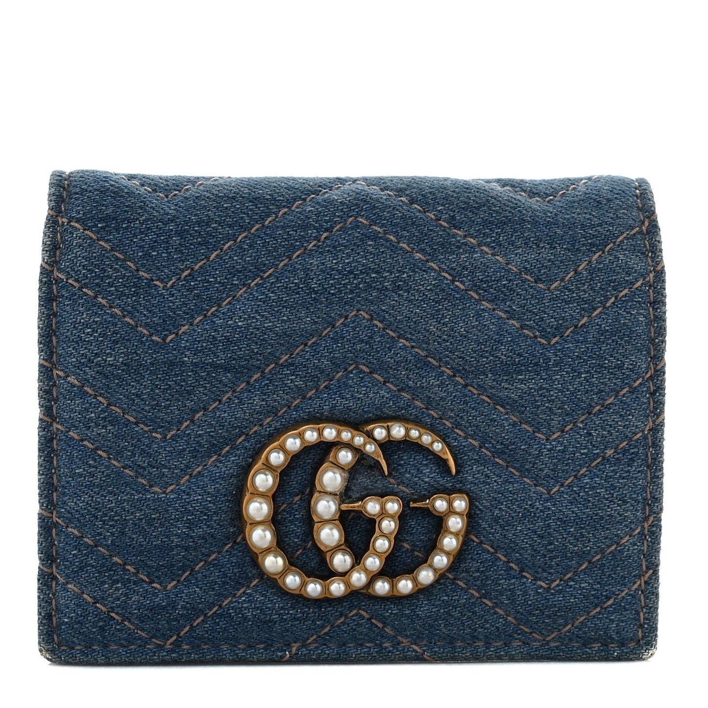 Denim Matelasse Pearly GG Marmont Card Case Wallet Blue