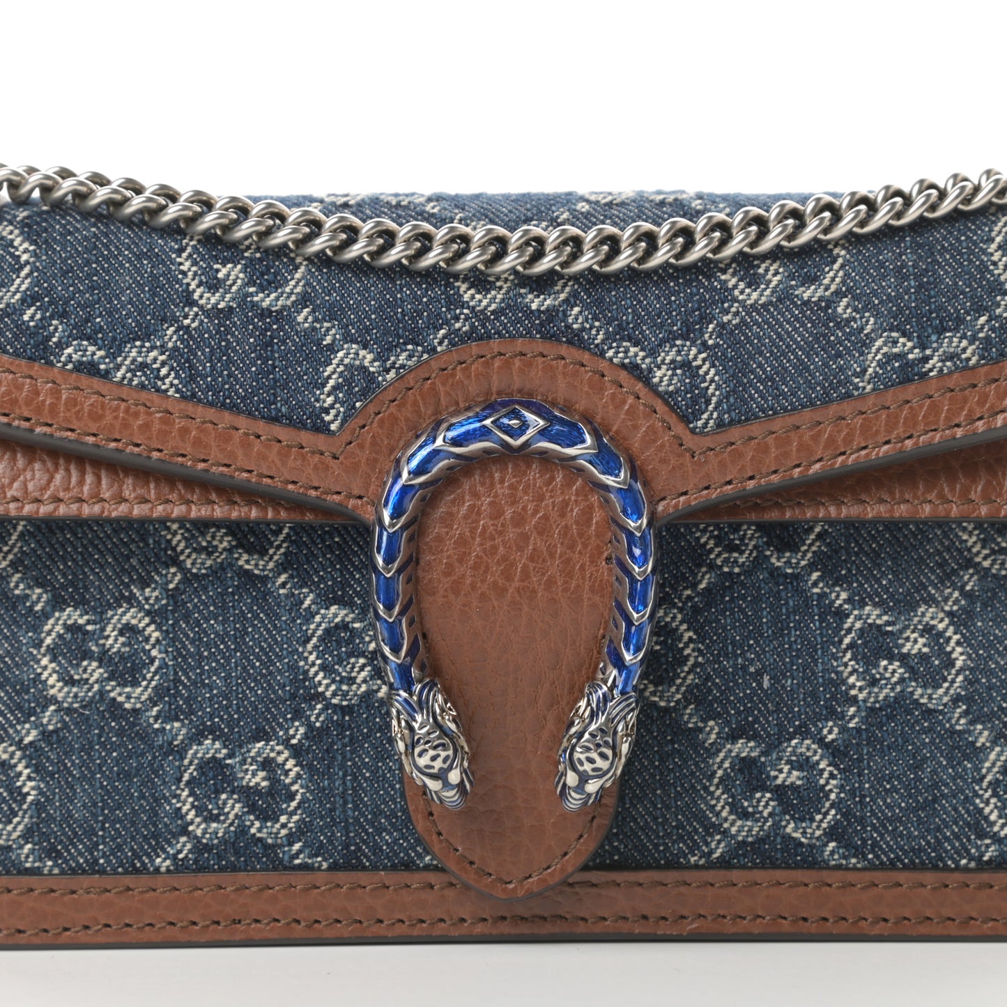 New Denim GG Monogram Dollar Calfskin Enamel Super Mini Dionysus Shoulder Bag Blue Tea Cuir Epilog Electric Blue
