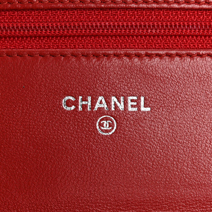 Chanel Lambskin Camellia Embossed Wallet on Chain WOC Red 6 of 14