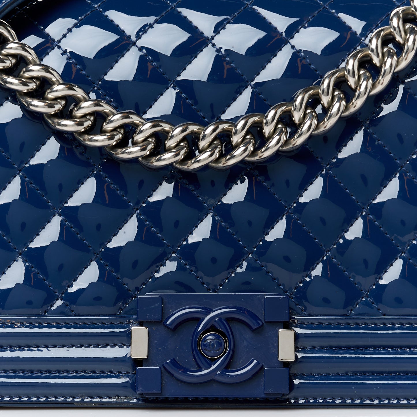 Patent Calfskin Quilted Medium Plexiglass Boy Flap Navy