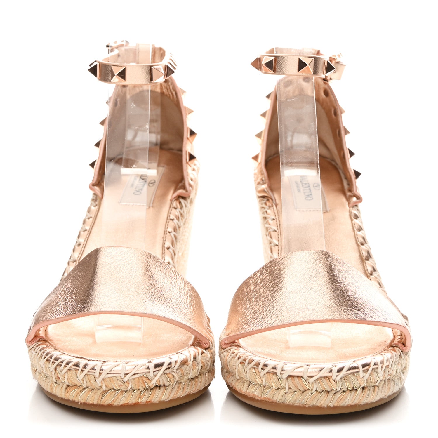 Valentino Garavani Metallic Grained Calfskin Rockstud Crisscross Ankle Strap Espadrille Wedge Sandals 37 Rame 3 of 9