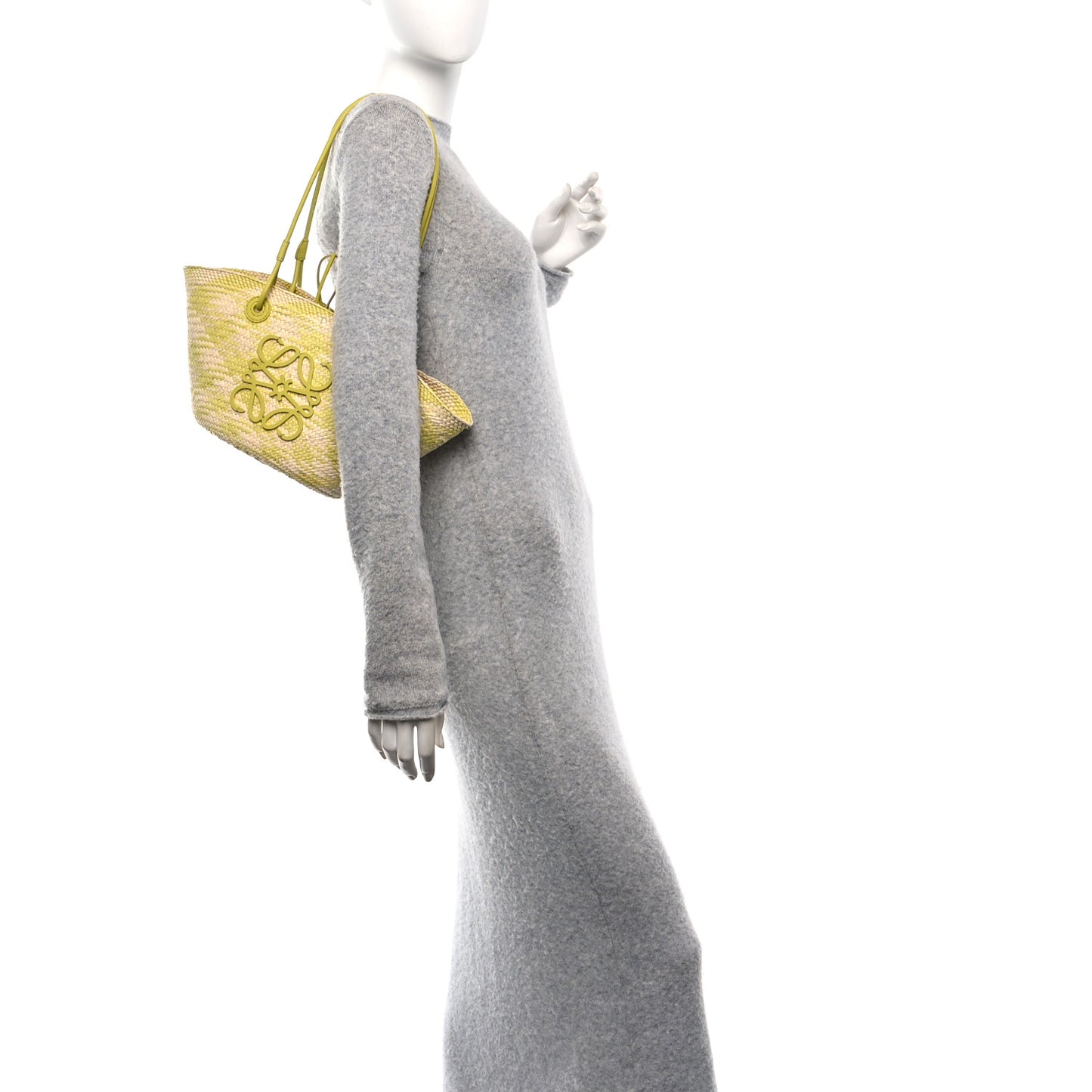 Calfskin Raffia Paulas Ibiza Small Anagram Basket Tote Bag Natural Lime Green