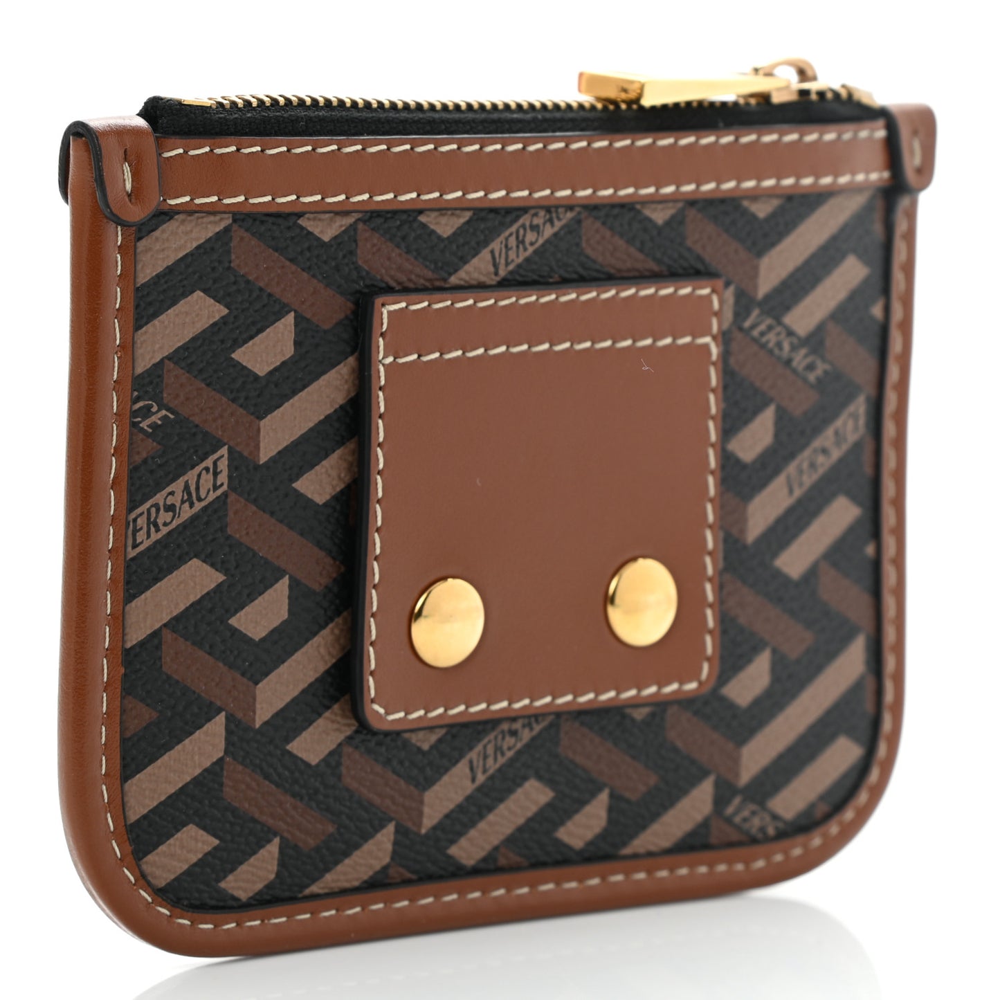 Coated Canvas Calfskin La Greca Modular Zip Pouch Black Caramel