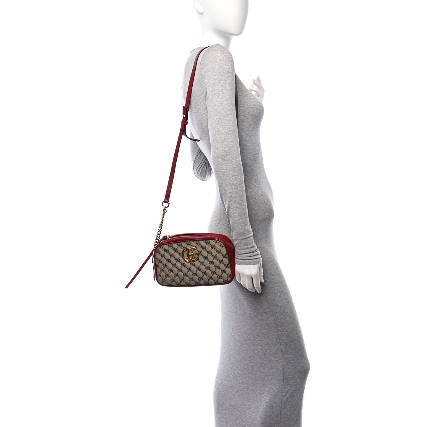 Monogram Azalea Calfskin Matelasse Diagonal Small GG Marmont Chain Shoulder Bag Beige Ebony New Cherry Red