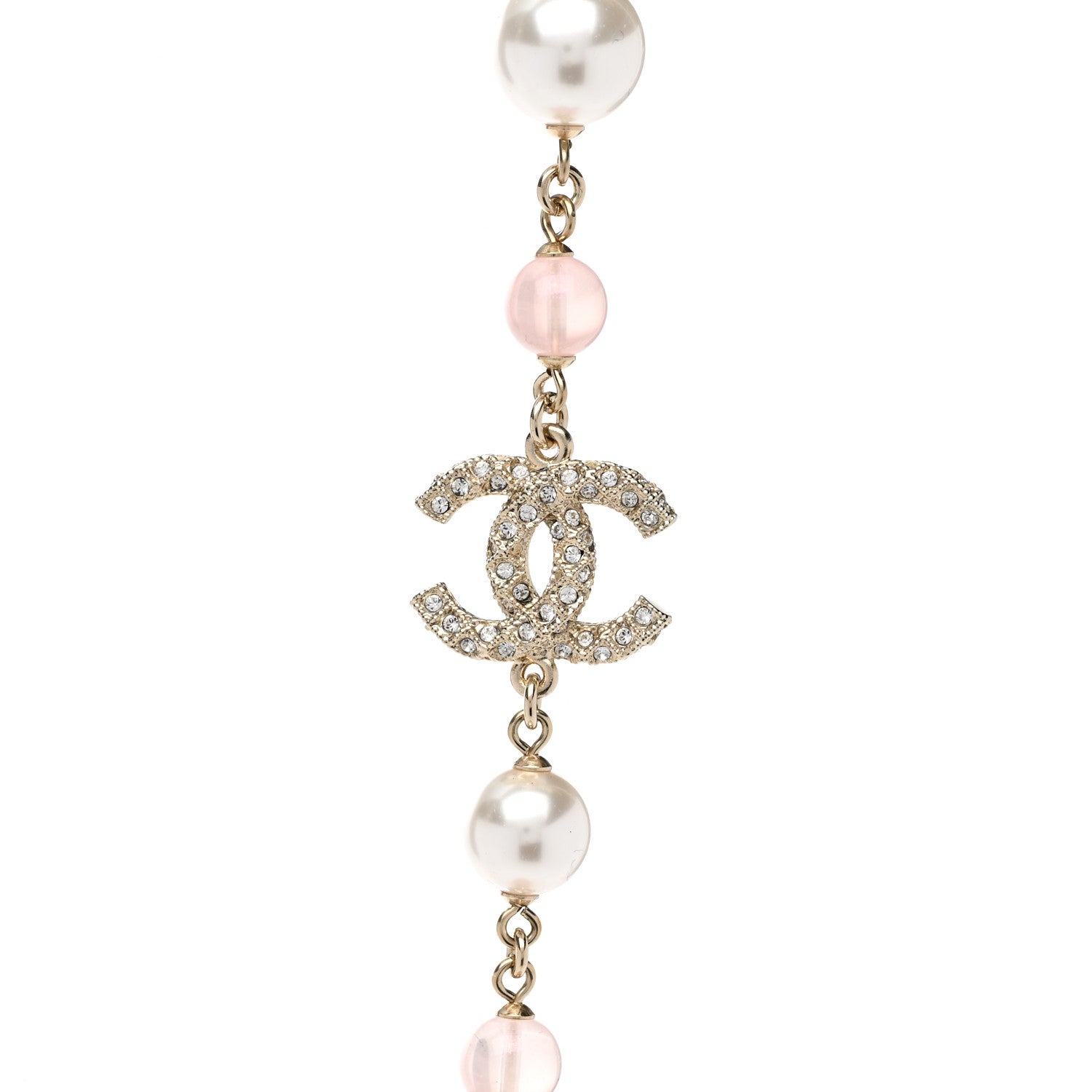 Chanel Pearl Beaded Crystal CC Long Necklace Gold Pearly White Pink 4 of 6