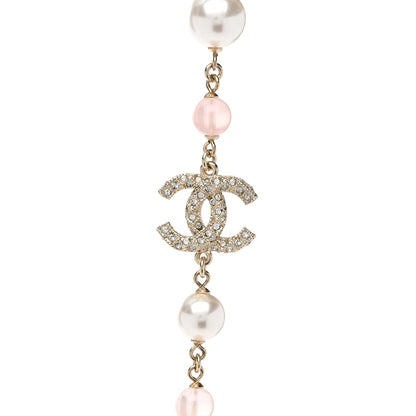 Chanel Pearl Beaded Crystal CC Long Necklace Gold Pearly White Pink 4 of 6