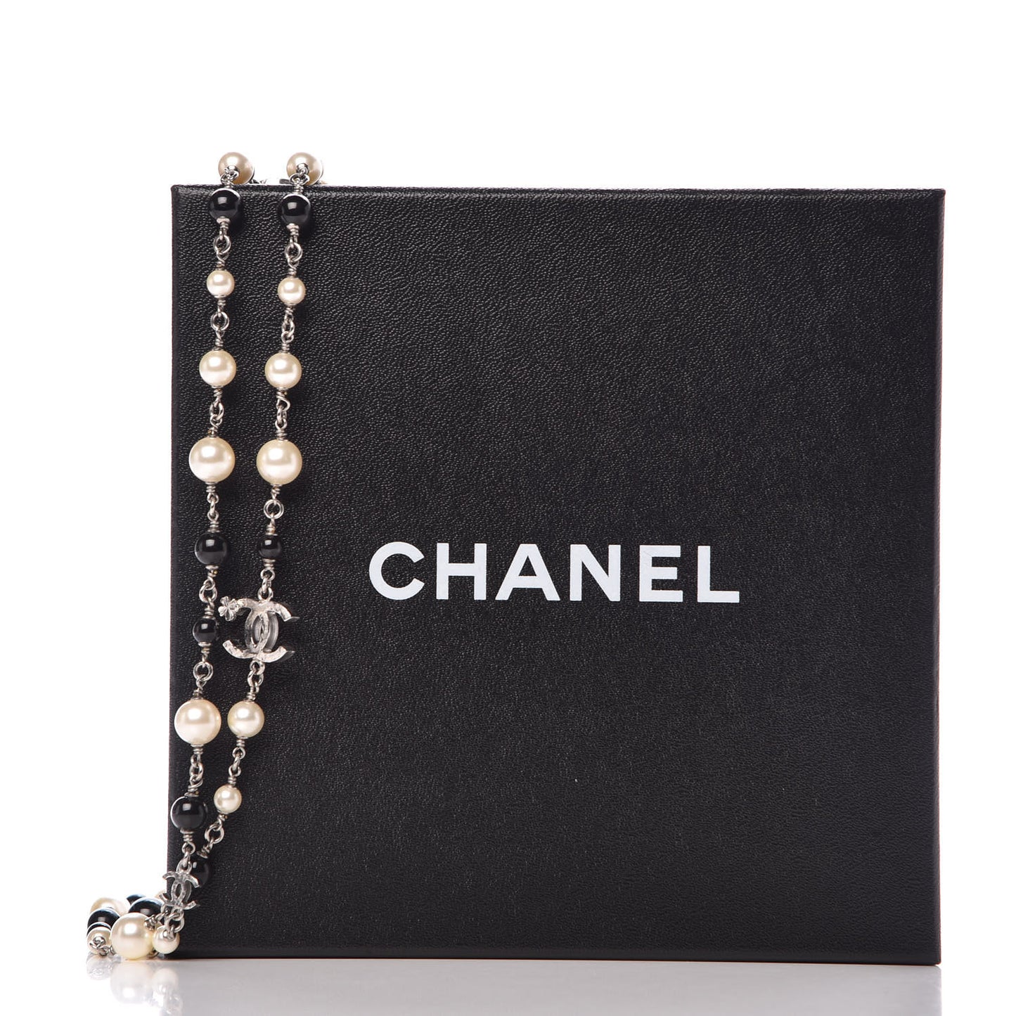 Pearl Bead Enamel CC Long Necklace Black Gold
