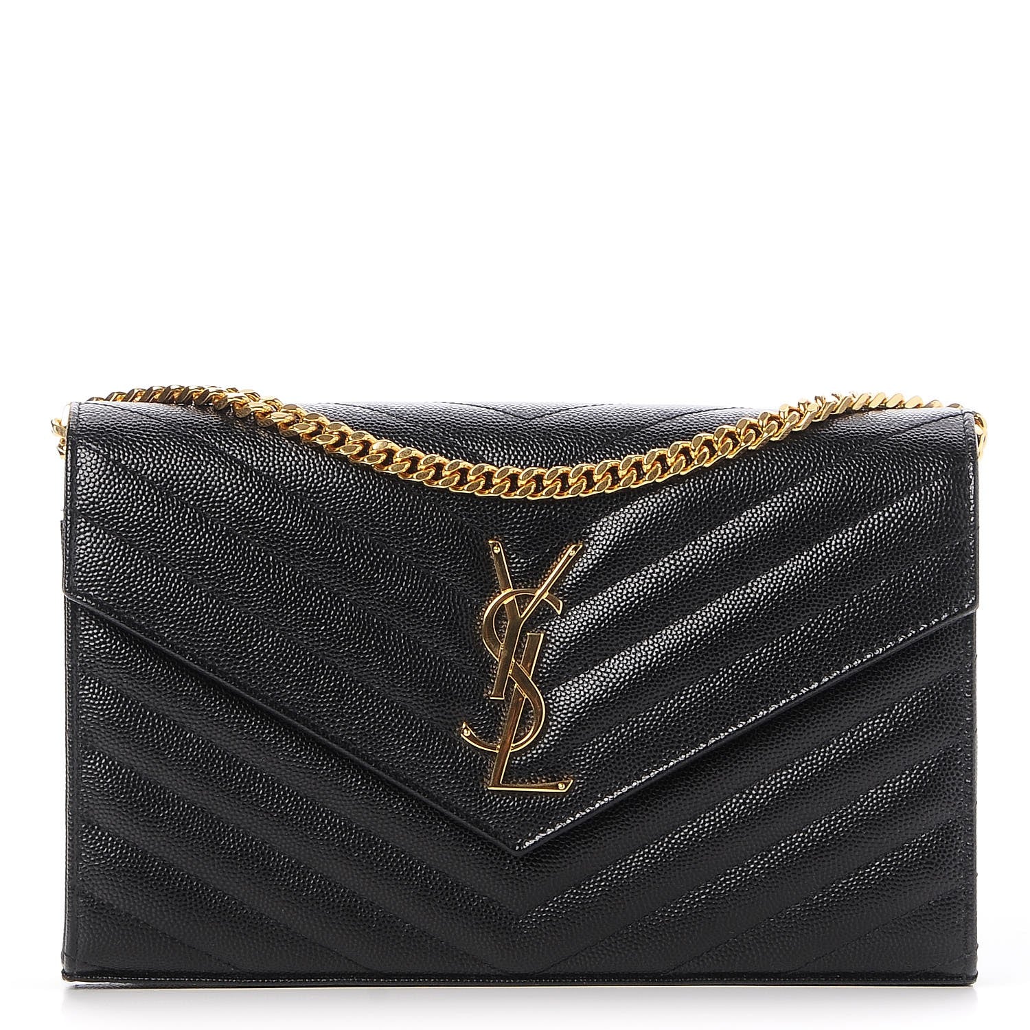 Saint Laurent Grain De Poudre Matelasse Chevron Monogram Chain Wallet Black 1 of 8