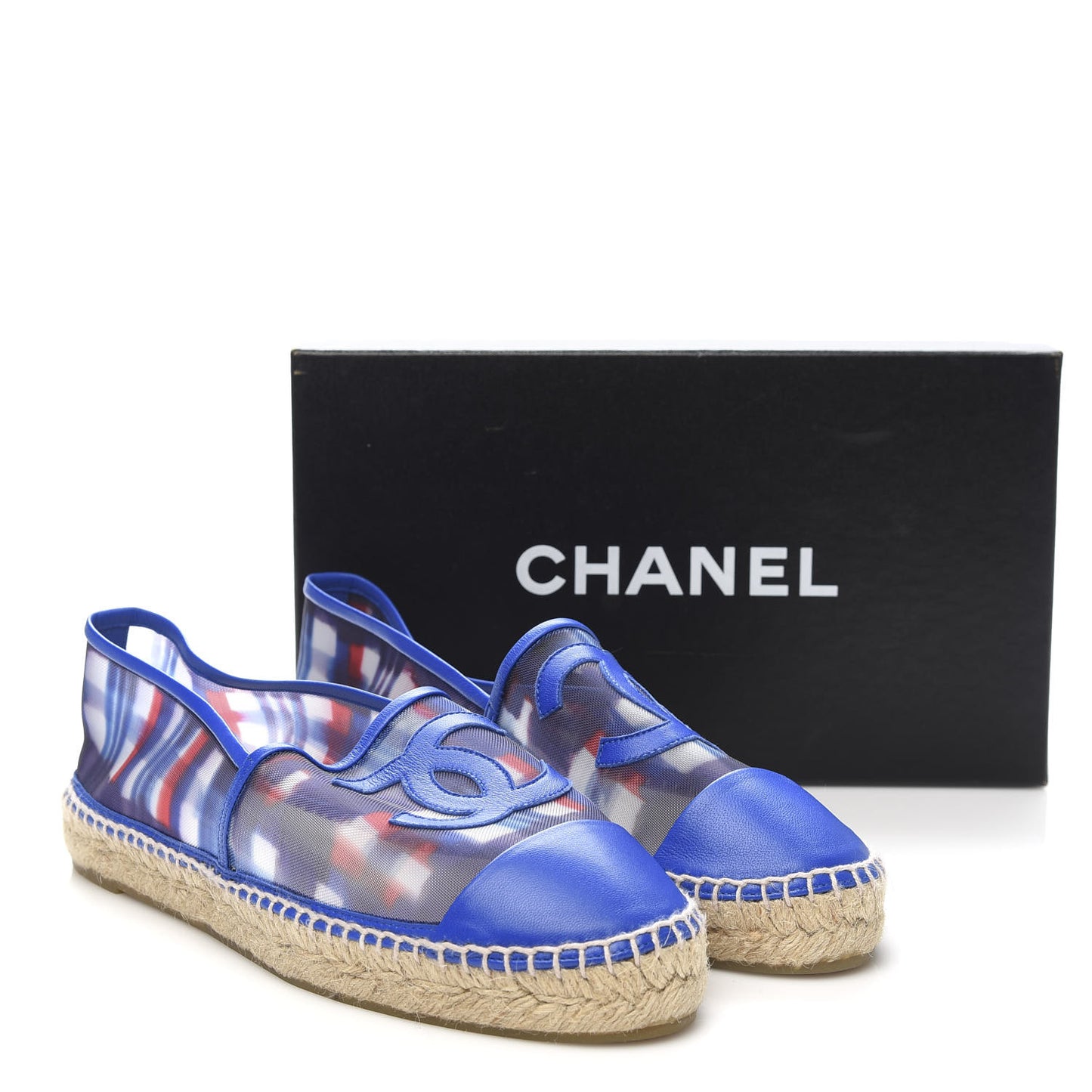 Mesh Lambskin Plaid Print CC Espadrilles 40 Blue White Red
