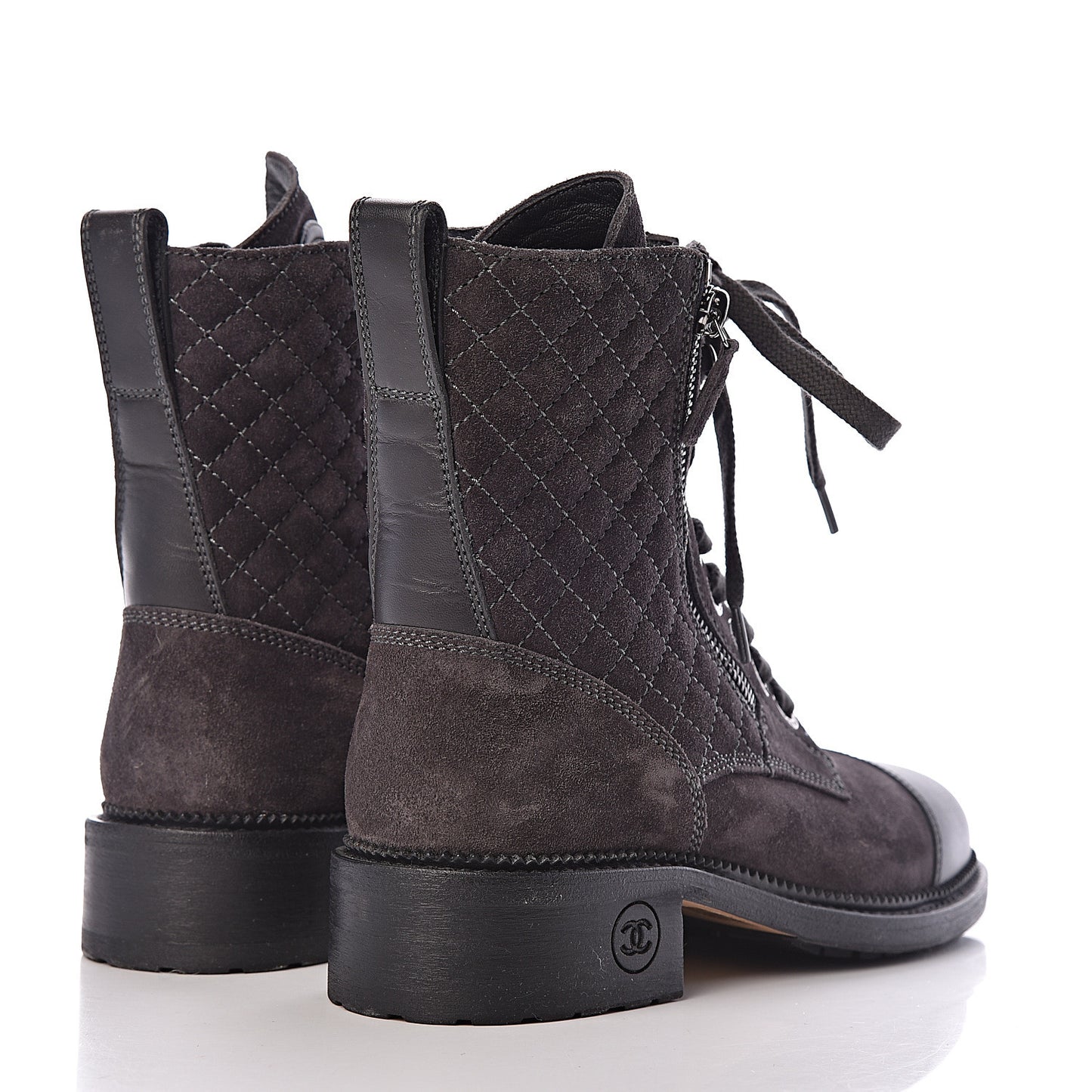 Suede Quilted CC Lace Up Combat Boots 38 Grey