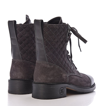 Chanel Suede Quilted CC Lace Up Combat Boots 38 Grey 4 of 8