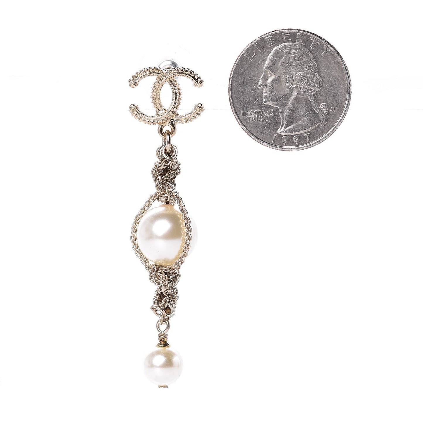 Chain Pearl CC Drop Earrings Light Gold