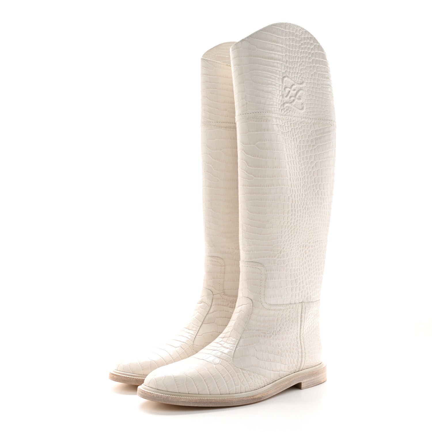 Fendi Calfskin Crocodile Embossed Karligraphy Logo Riding Boots 40.5 White 3 of 16