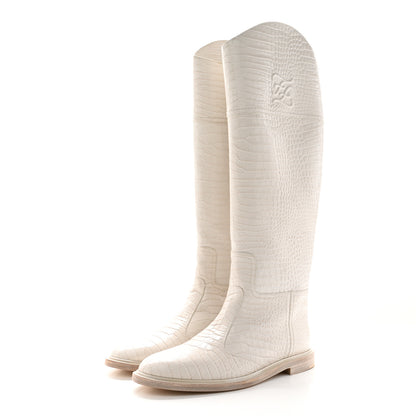 Fendi Calfskin Crocodile Embossed Karligraphy Logo Riding Boots 40.5 White 3 of 16