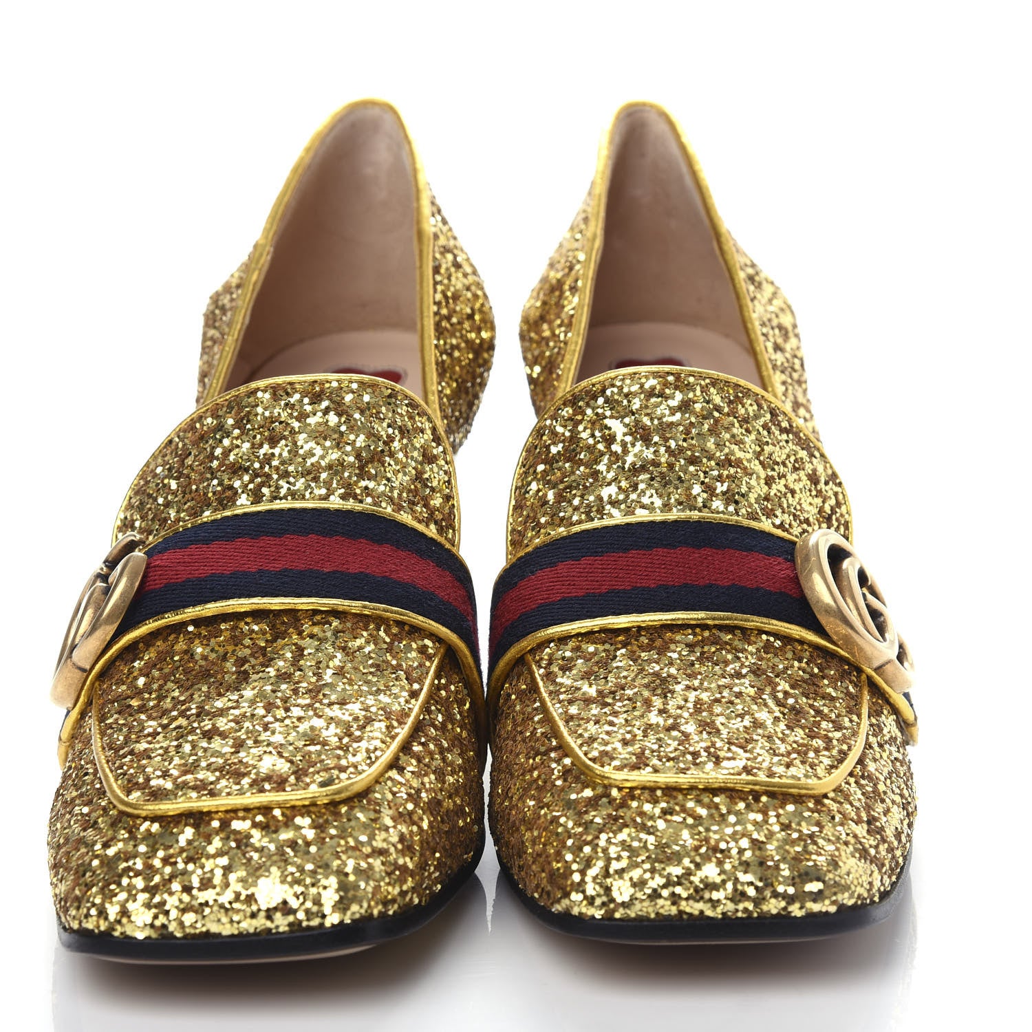 Gucci Glitter Nappa Web Peyton 75mm Loafer Pumps 38.5 Oro Vecchio 5 of 12