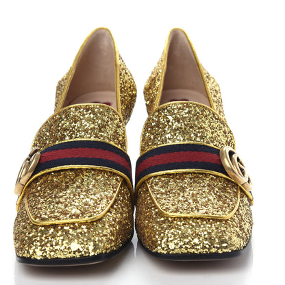 Gucci Glitter Nappa Web Peyton 75mm Loafer Pumps 38.5 Oro Vecchio 5 of 12