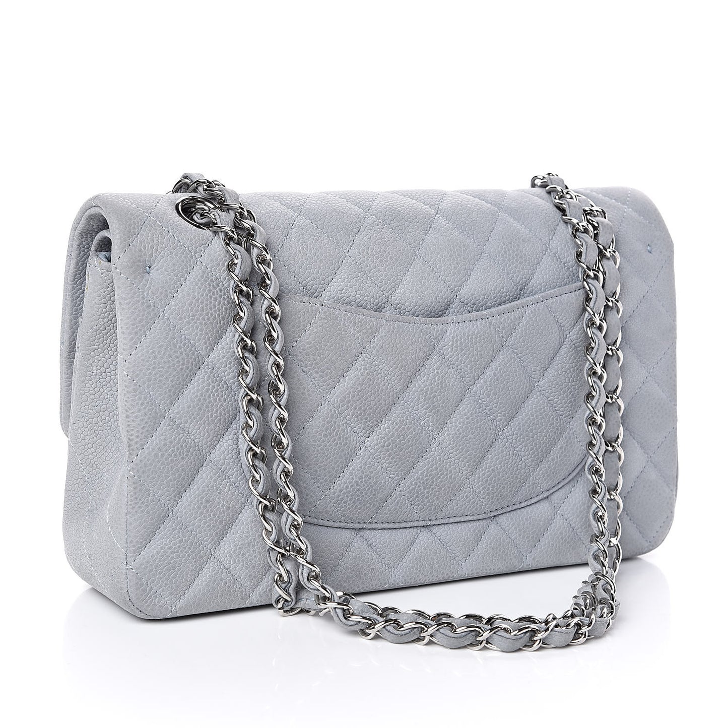 Iridescent Caviar Quilted Medium Double Flap Light Grey