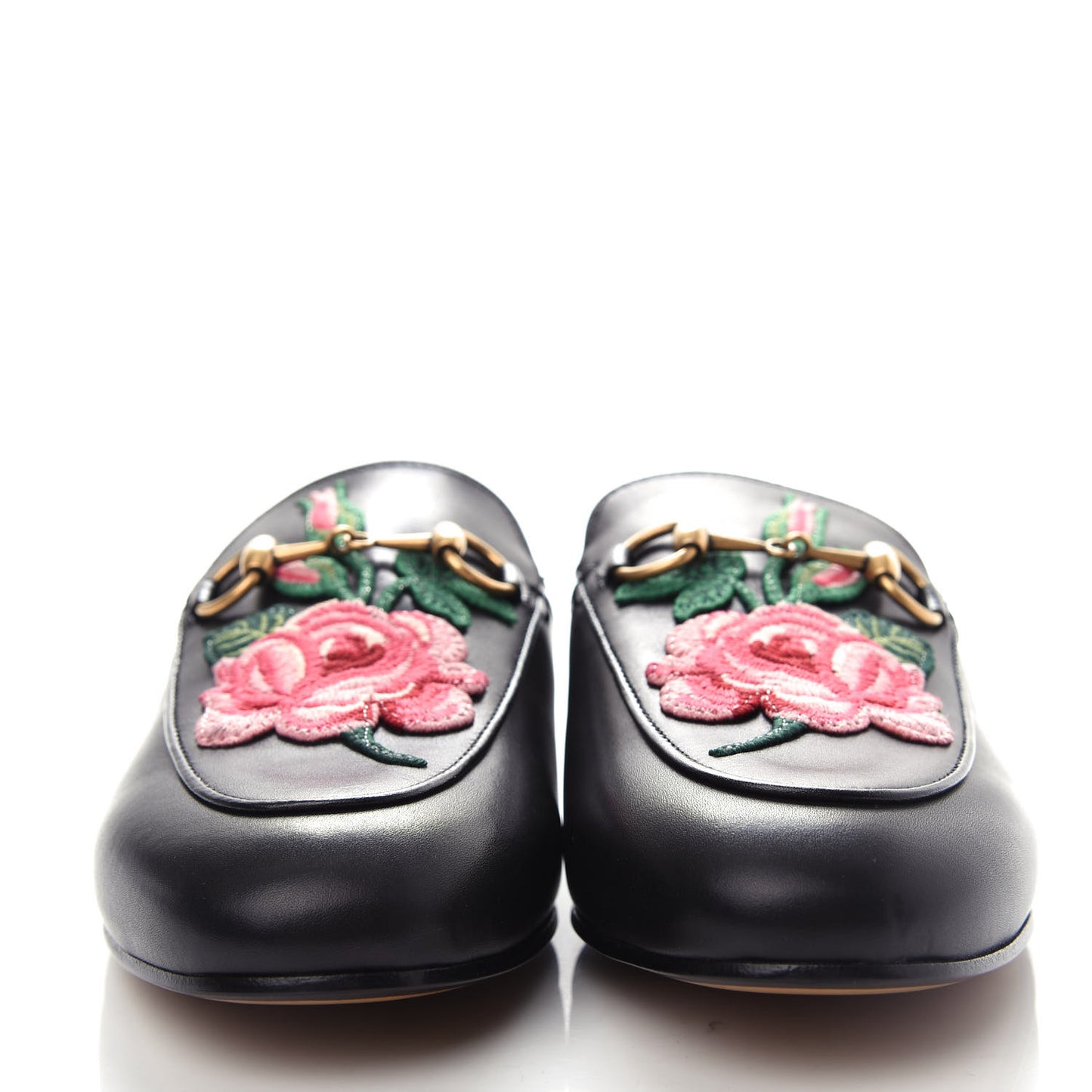 Calfskin Flower Embroidered Womens Princetown Slippers 35.5 Black