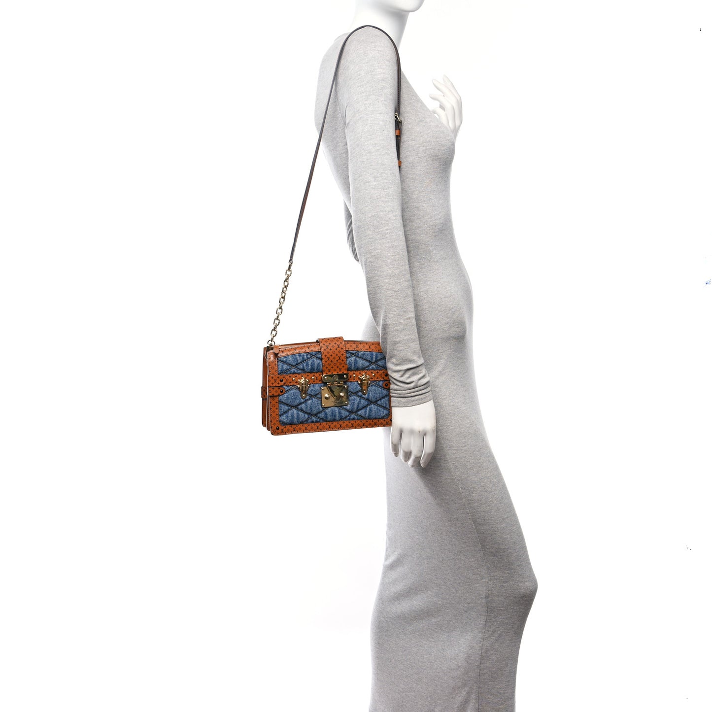 Denim Calfskin Malletage Trunk Clutch Light Blue