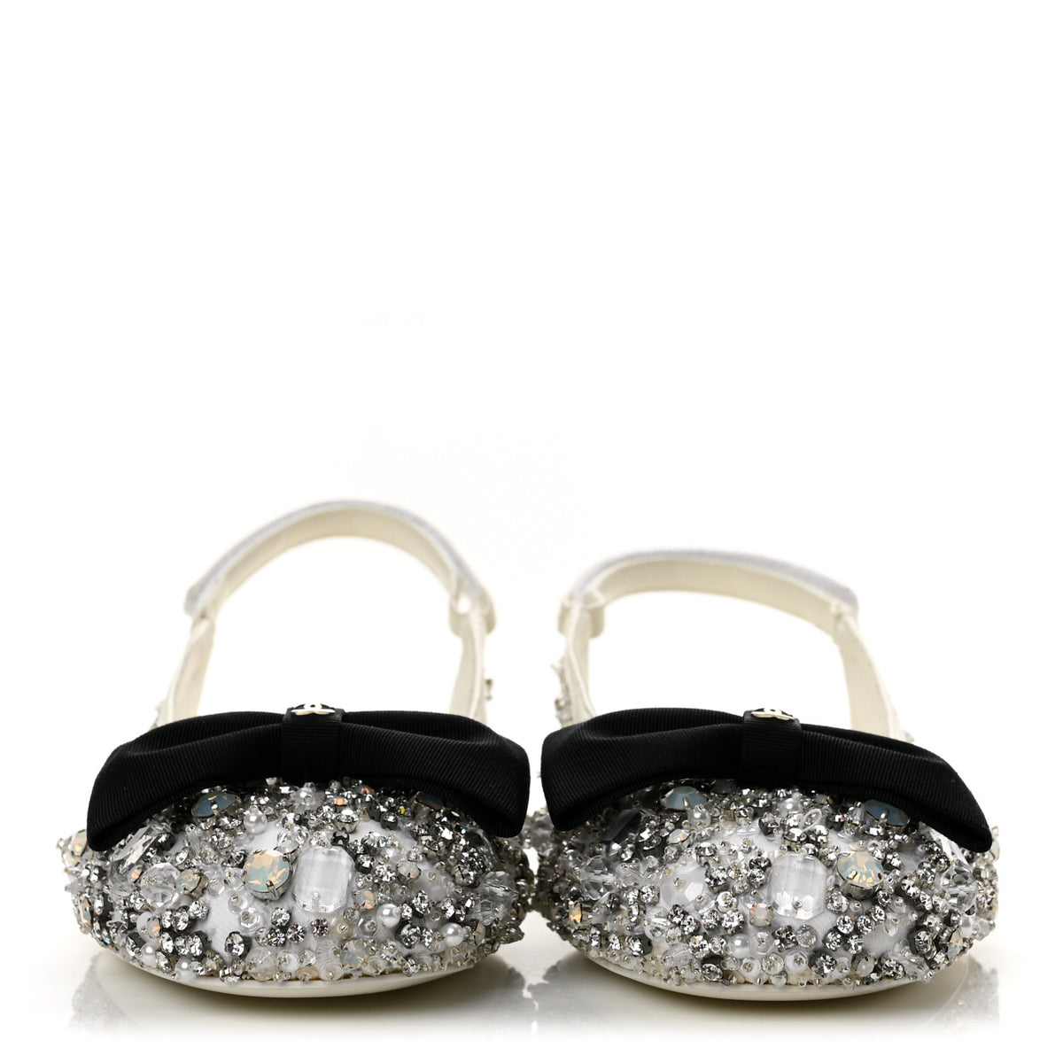 Satin Crystal Lambskin Grosgrain Bow CC Slingback Flats 35 White Black