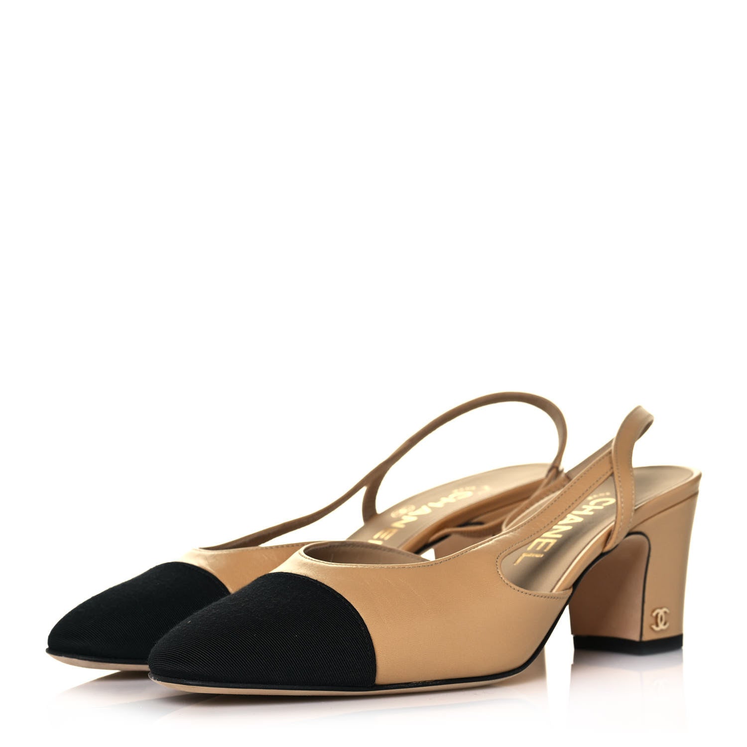 Chanel Goatskin Grosgrain Cap Toe CC Slingback Pumps 37 Beige Black 3 of 9