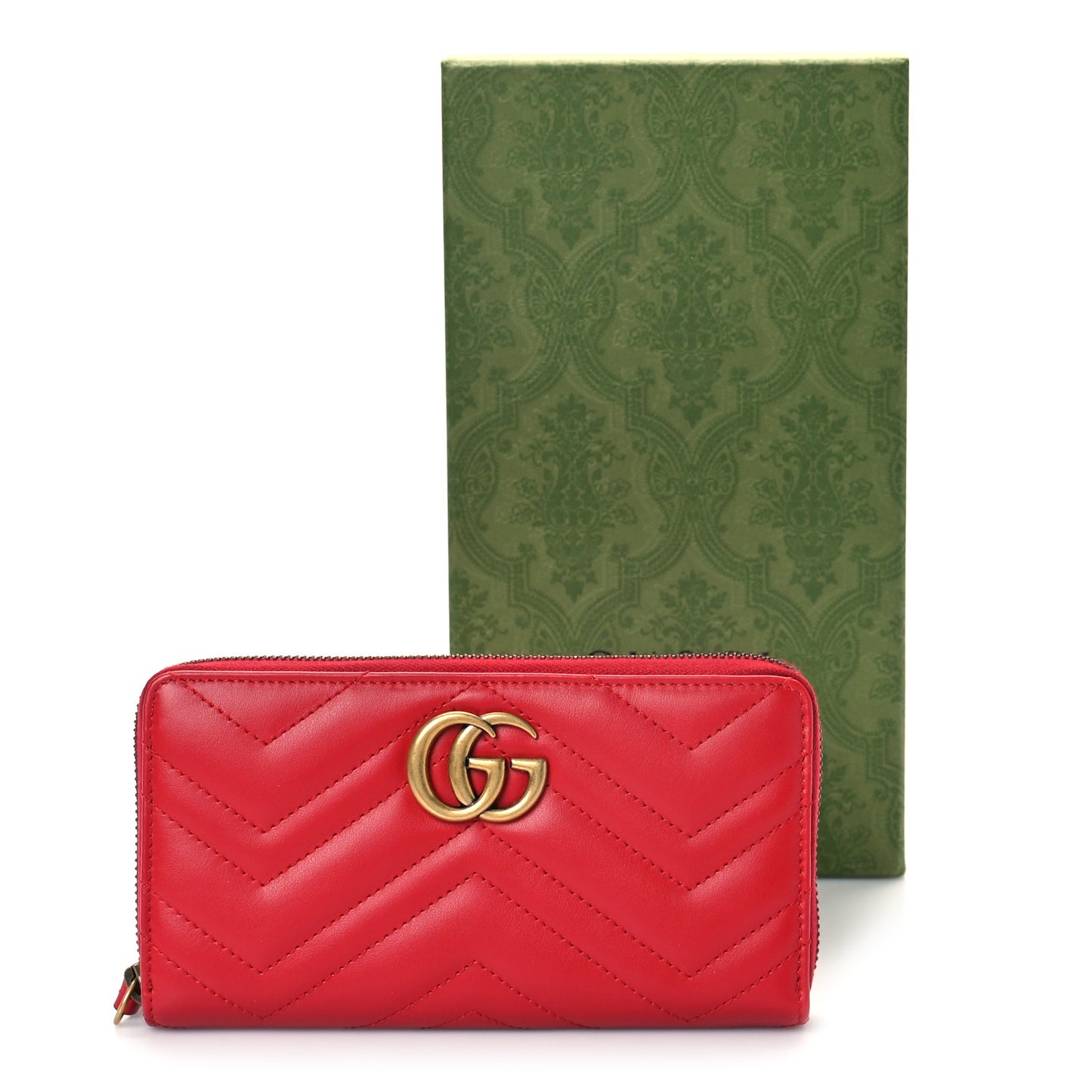 Calfskin Matelasse GG Marmont Zip Around Wallet Hibiscus Red