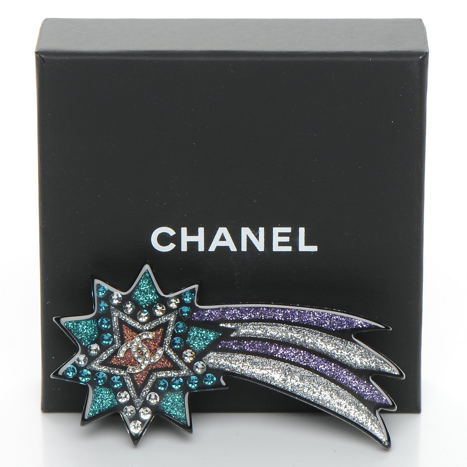 Chanel Glittered Resin Strass Shooting Star Brooch Silver Purple Green 5 of 5