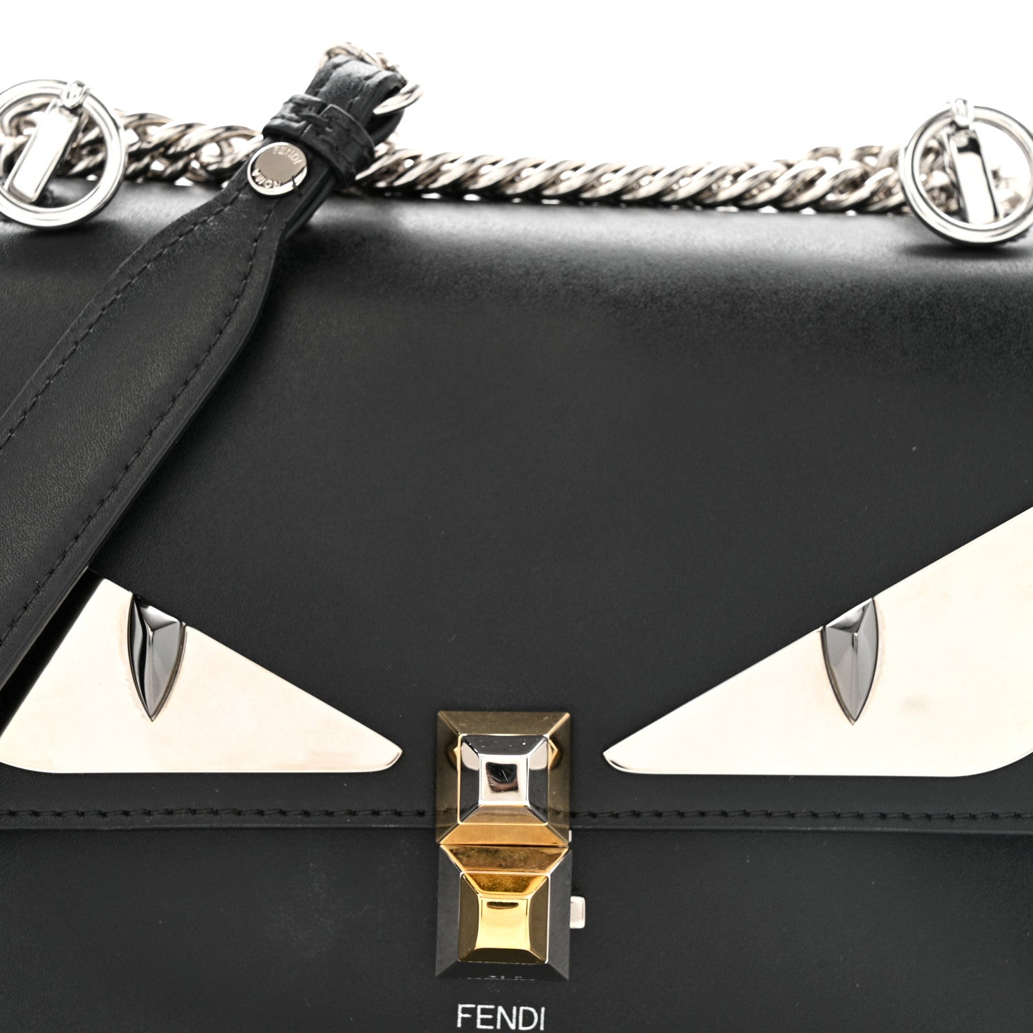 Fendi Vitello Liberty Lucido Metal Monster Eyes Studded Small Kan I Shoulder Bag Black 8 of 12
