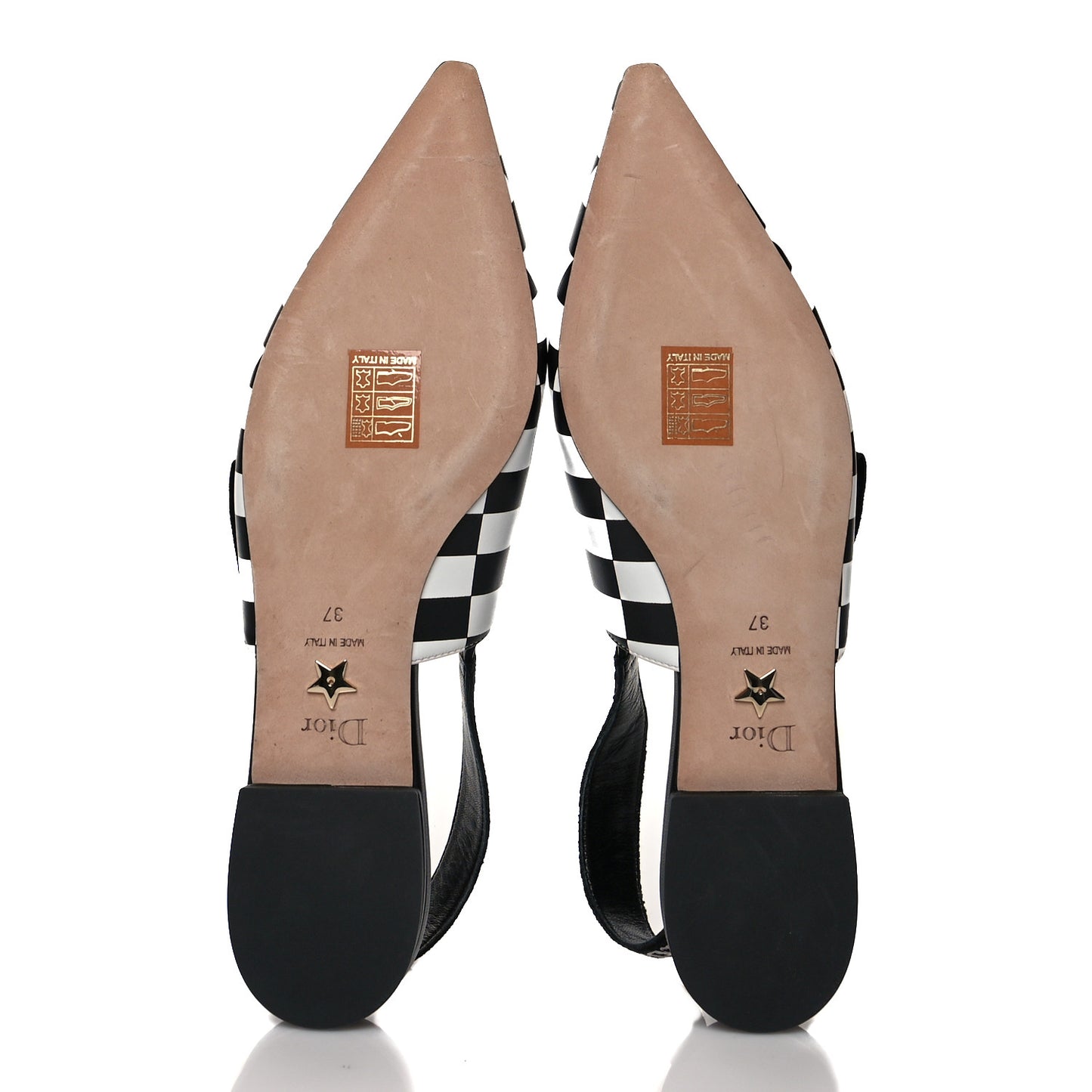 Calfskin Ribbon Checker Print J'Adior Slingback Ballet Flats 37 Black White