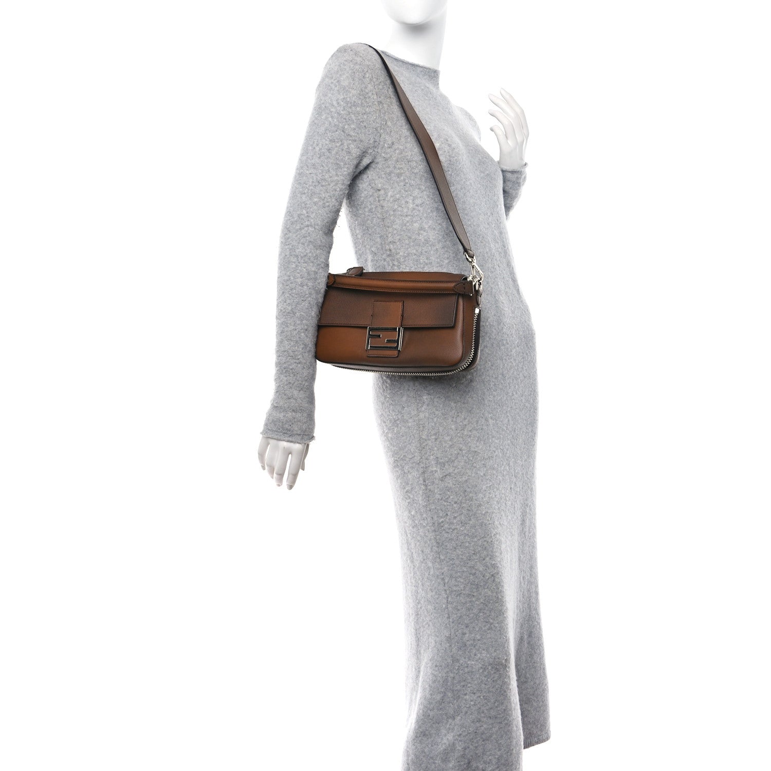 Fendi Vitello Fabric Jacquard FF Baguette Brown 2 of 9