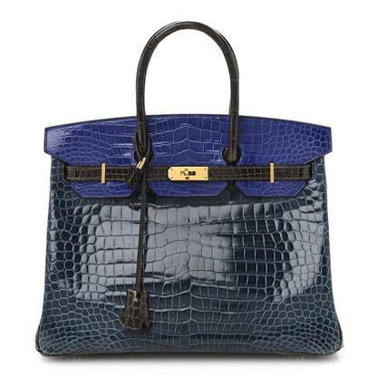 Hermes Shiny Porosus Crocodile Horseshoe Birkin 35 Havane Bleu Electrique Bleu Roi 1 of 14