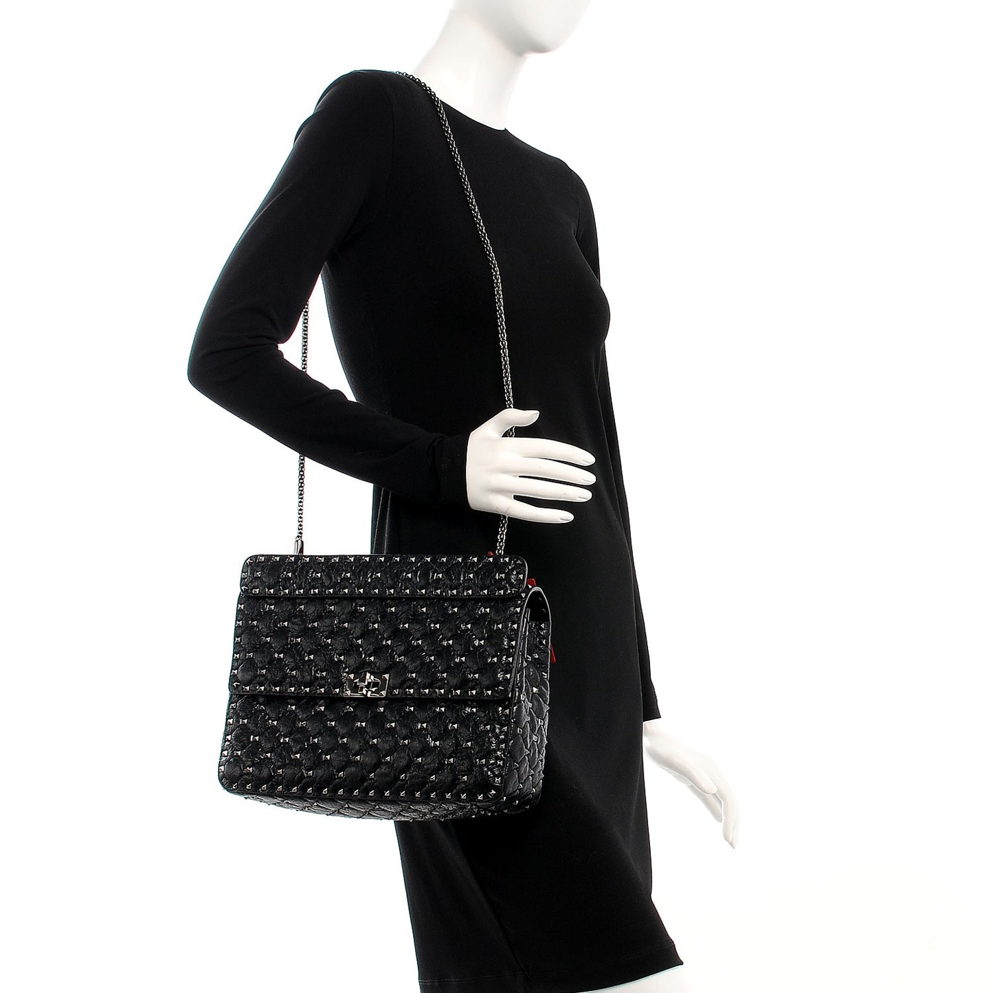 Craquele Nappa Large Rockstud Spike Shoulder Bag Nero Black