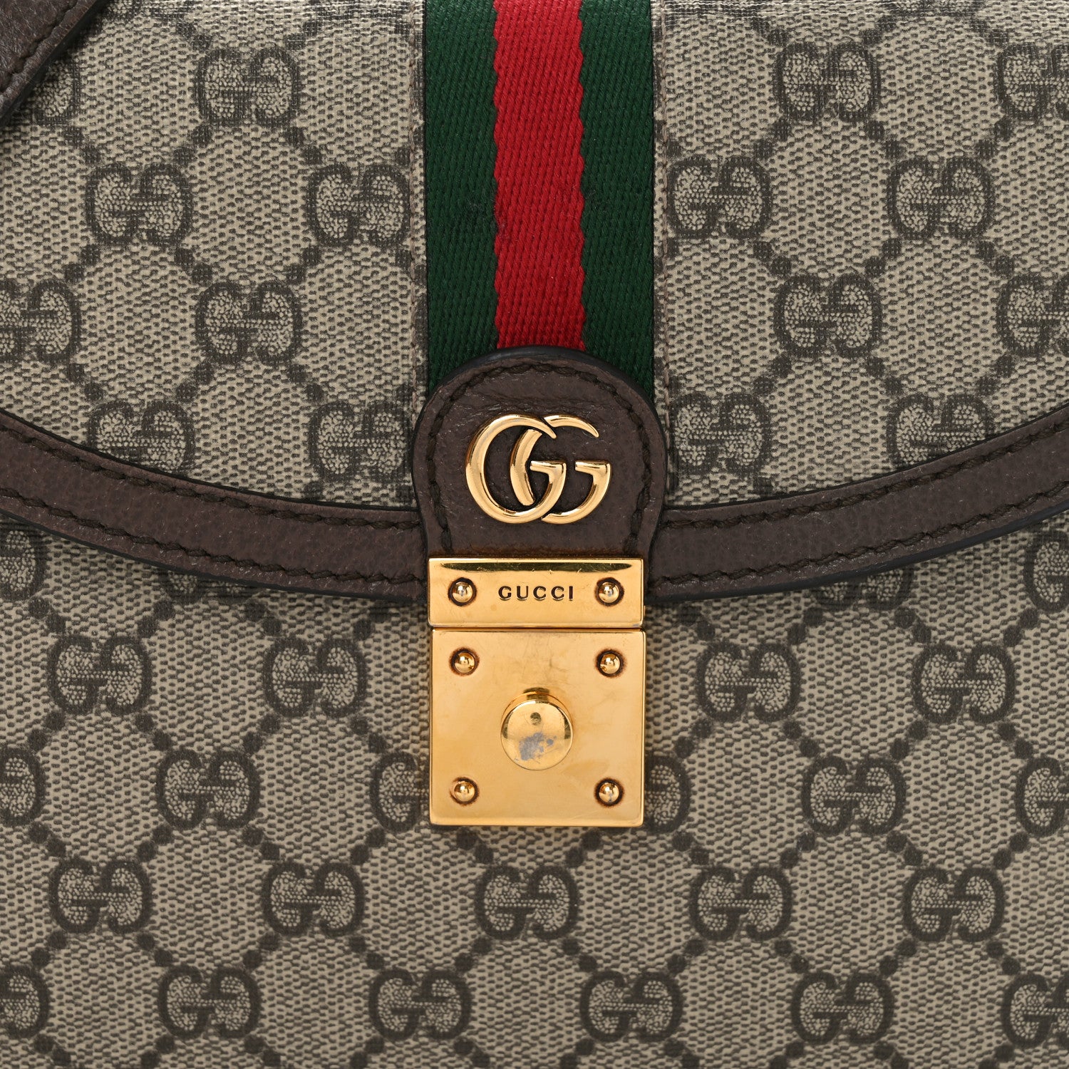 Gucci GG Supreme Monogram Textured Dollar Calfskin Web Small Ophidia Padlock Top Handle Bag Beige Ebony New Acero 8 of 11