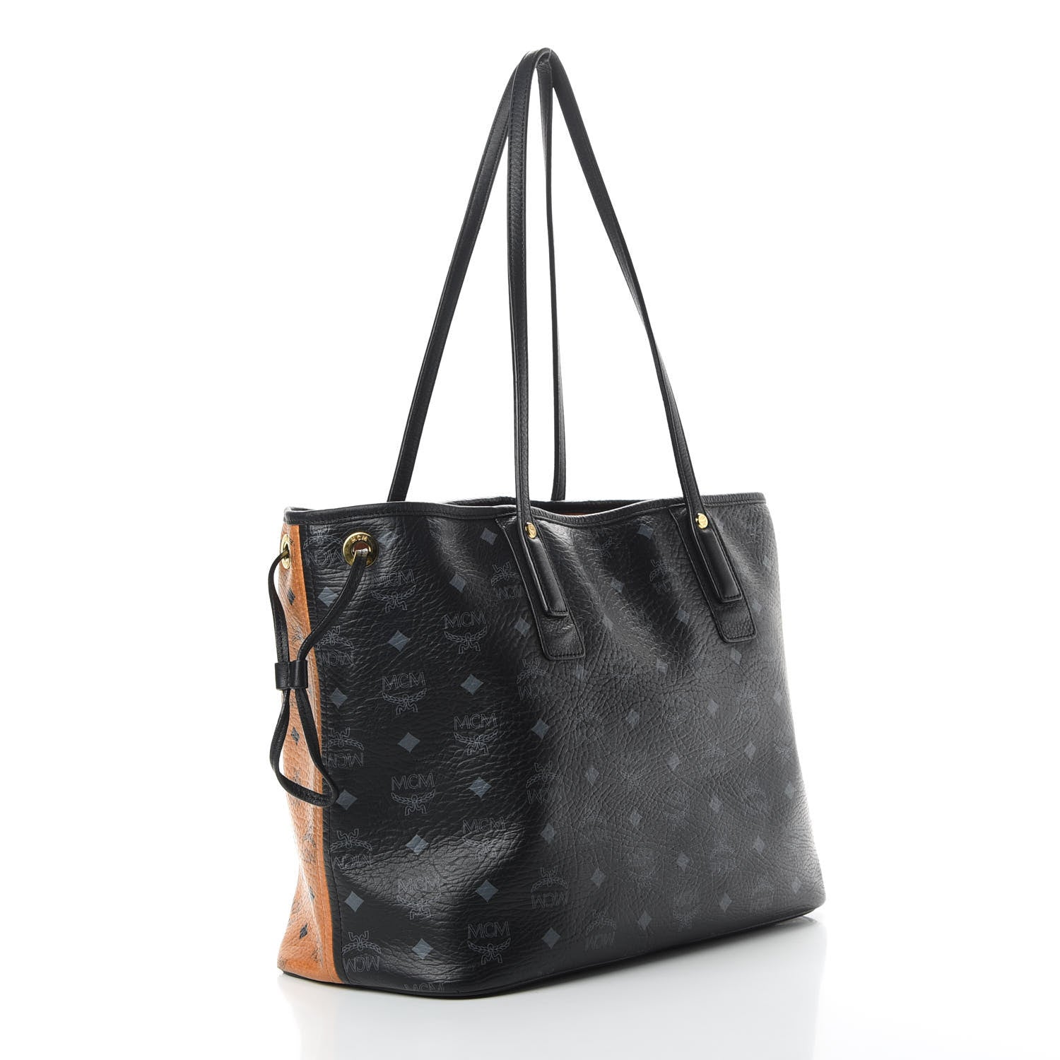 MCM Visetos Studded Medium Bi-Color Shopper Tote Black Cognac 4 of 15