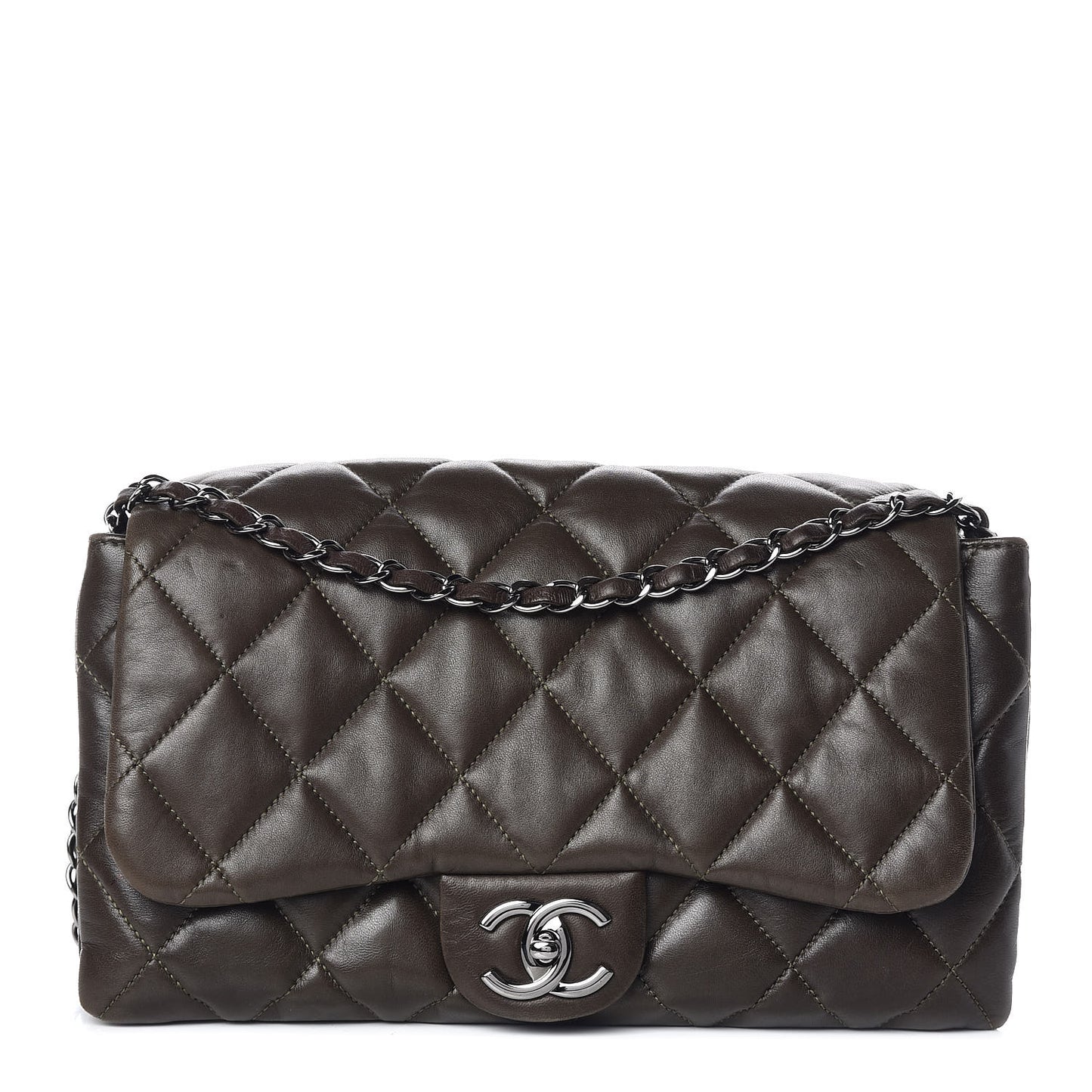 Lambskin Quilted 3 Accordion Flap Bag Dark Khaki