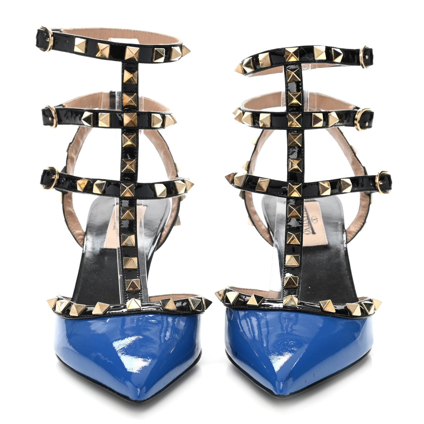 Patent Rockstud Ankle Strap Low Heel Pumps 37.5 Blue Black