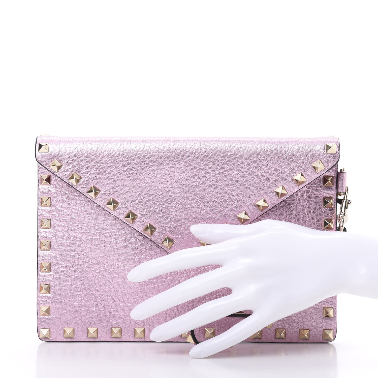Valentino Garavani Metallic Pebbled Calfskin Medium Rockstud Envelope Flat Wristlet Pouch Giacinto 2 of 7