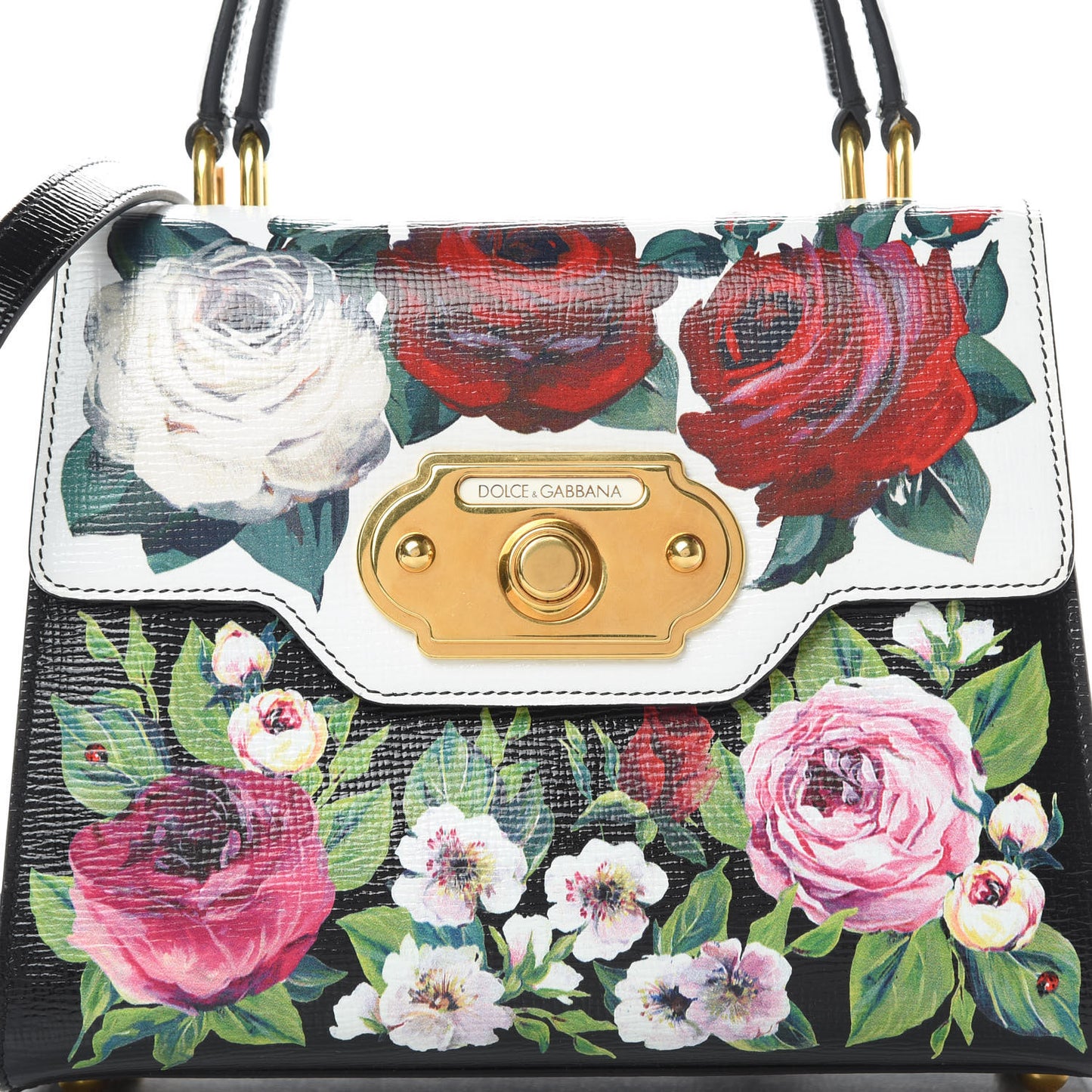 Grained Calfskin Floral Printed Medium Welcome Satchel Black White