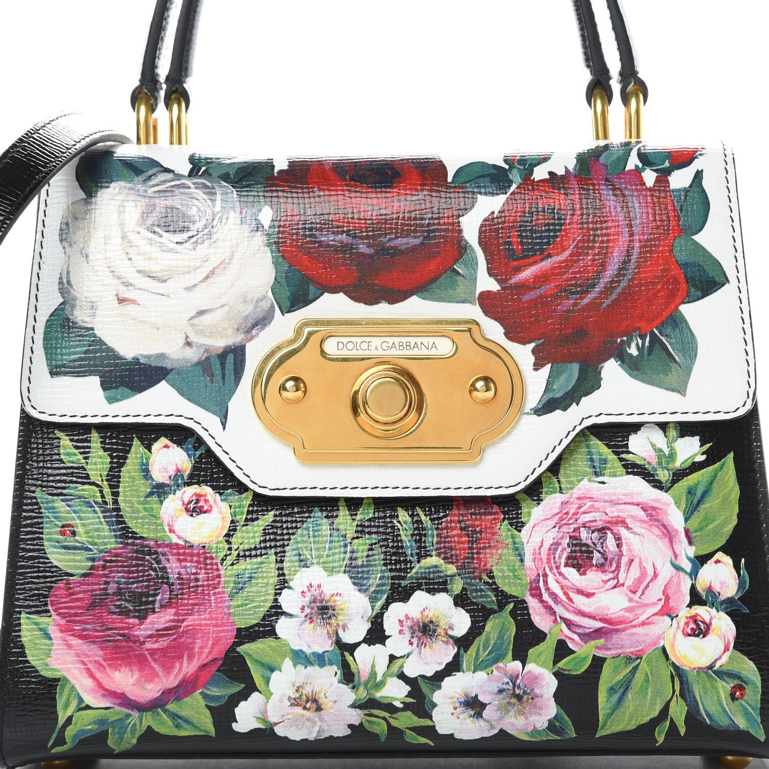 Dolce & Gabbana Grained Calfskin Floral Printed Medium Welcome Satchel Black White 7 of 12